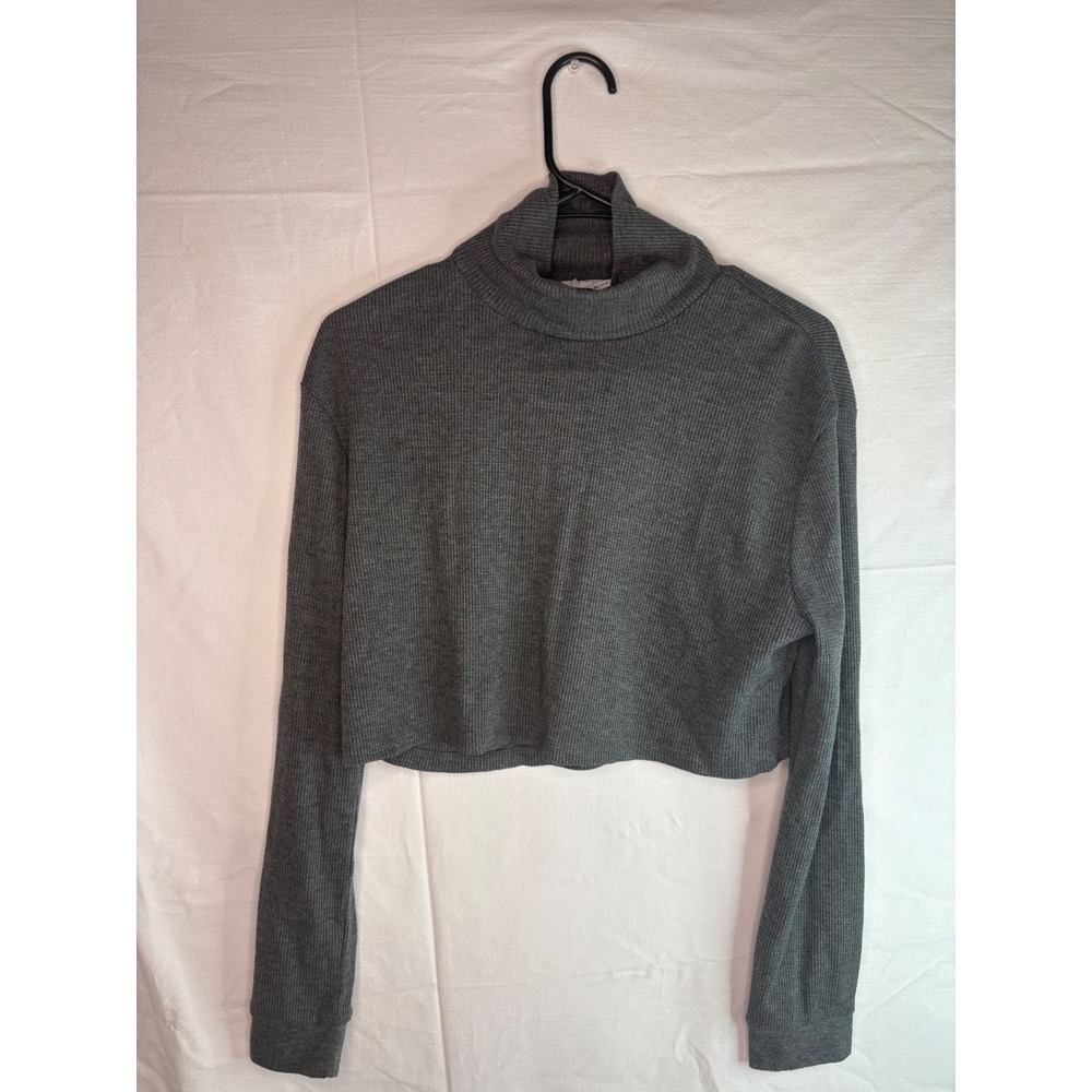 DOUBLE ZERO Gray Ribbed Knit Turtleneck Cropped Long Sleeve Sweater Top